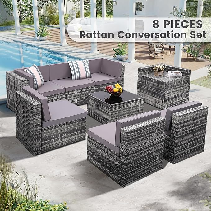 8-Piece Patio Furniture Set, Outdoor Wicker Rattan Sectional with Thick Cushions, Glass Top Table with Hidden Storage, Outdoor Conversation Set for Backyard, Porch, Patio, Light Grey