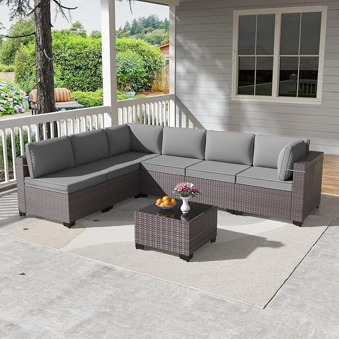 Kullavik 7 Pieces Outdoor Patio Furniture Set PE Wicker Rattan Sectional Sofa Patio Conversation Sets,Grey