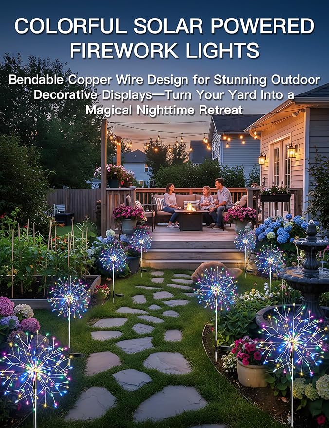 suddus Solar Garden Lights Outdoor Waterproof Decorative, 4Pack 150LED Firework Lights 8 Modes, Multicolor Solar Fairy Light for Yard, Patio, Pathway, Flowerbed Party Wedding Decor