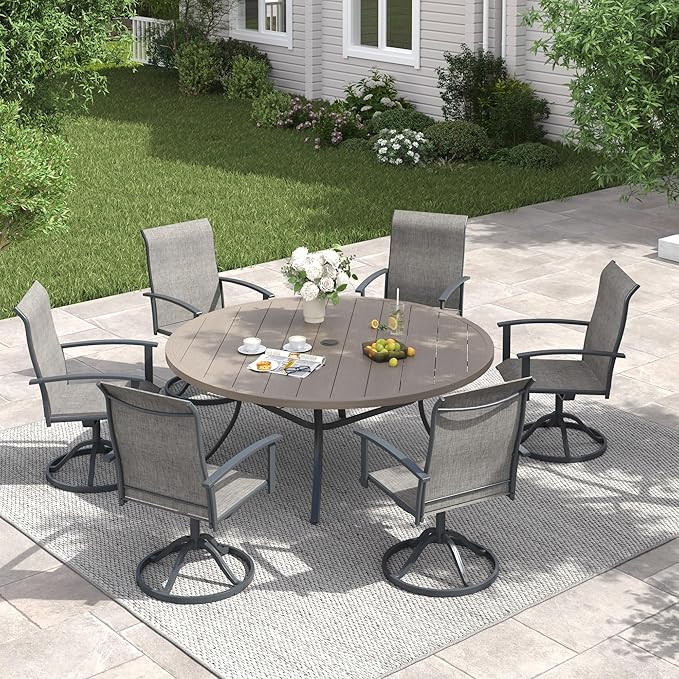 VICLLAX 63" Outdoor Round Patio Table with Umbrella Hole, All Weather Metal Round Outdoor Dining Table for Lawn Garden, 8-10 Person Table, Grey Wood Grain