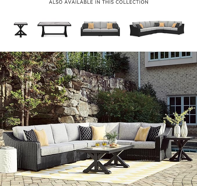 Signature Design by Ashley Beachcroft Curved Modern 4-Piece Outdoor Sectional with Cushion and 6 Throw Pillows, Light Gray