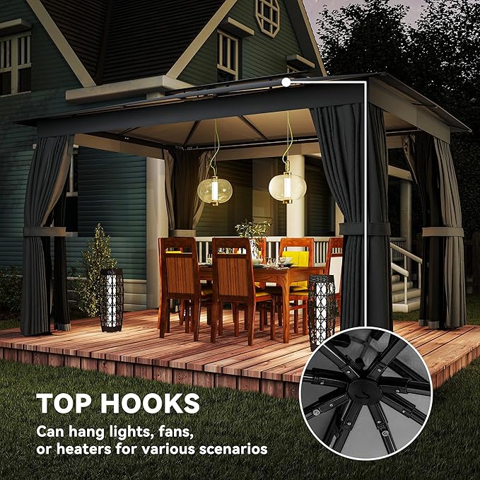 Outsunny 10' x 12' Outdoor Patio Gazebo, Heavy Duty Gazebo Canopy Shelter with Double Roof, Curtains, Netting, Steel Frame, UPF30+ Protection, Ceiling Hooks for Lawn, Backyard, Deck, Dark Gray