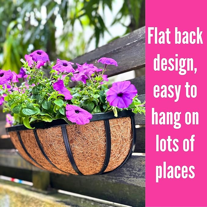 LaLaGreen Wall Planters for Outdoor Plant (16 Inch, 4 Pack) Deck Railing Planter Boxes for Outside Plants Window Flower Box with Coco Liners Metal Horse Troughs Fence Garden Herb Patio Porch over Rail