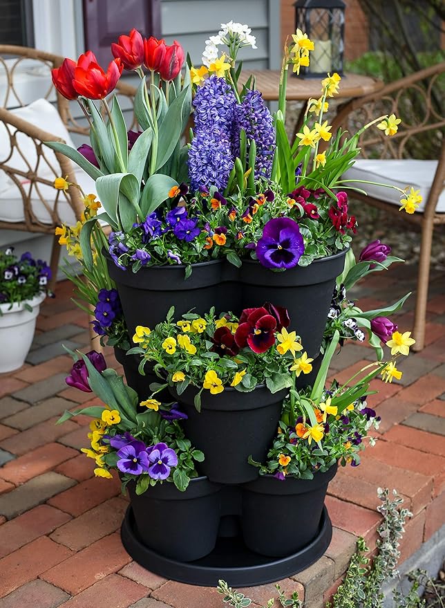 The HC Companies Terrace Planter 23” Vertical Herb Garden Planter, 3 Tiered Stackable Strawberry Planting Pots, Indoor Outdoor Containers for Growing Vegetables and Succulents – Holds 9 Plants