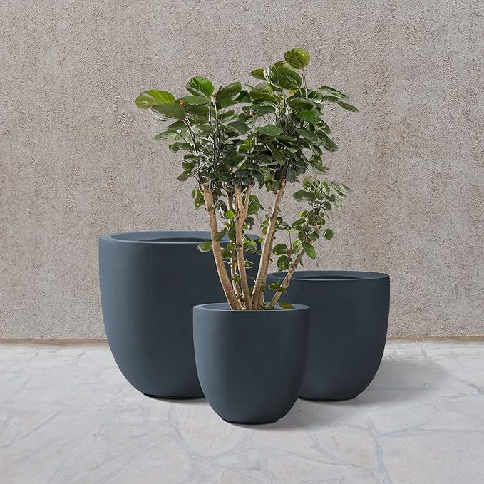 Kante 20",16.5",13.4" Dia Round Concrete Planters (Set of 3), Outdoor Indoor Modern Decorative Plant Pots with Drainage Hole & Rubber Plug for Home & Garden, Charcoal