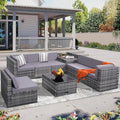 8-Piece Patio Furniture Set, Outdoor Wicker Rattan Sectional with Thick Cushions, Glass Top Table with Hidden Storage, Outdoor Conversation Set for Backyard, Porch, Patio, Light Grey