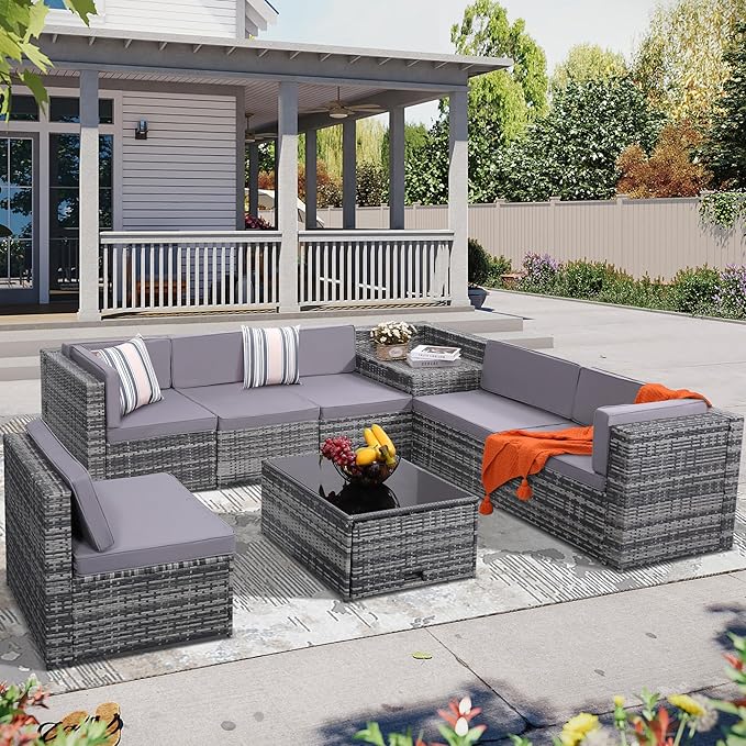 8-Piece Patio Furniture Set, Outdoor Wicker Rattan Sectional with Thick Cushions, Glass Top Table with Hidden Storage, Outdoor Conversation Set for Backyard, Porch, Patio, Light Grey