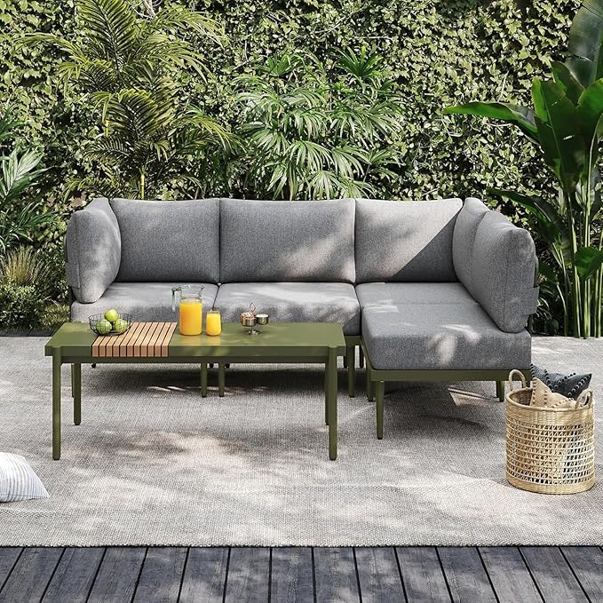 Sundale Outdoor 5 Pieces Patio Furniture Set, Metal Sectional Sofa Patio Conversation Set with Coffee Table, Modern Patio Corner Couch for Balcony, Porch, Sunroom