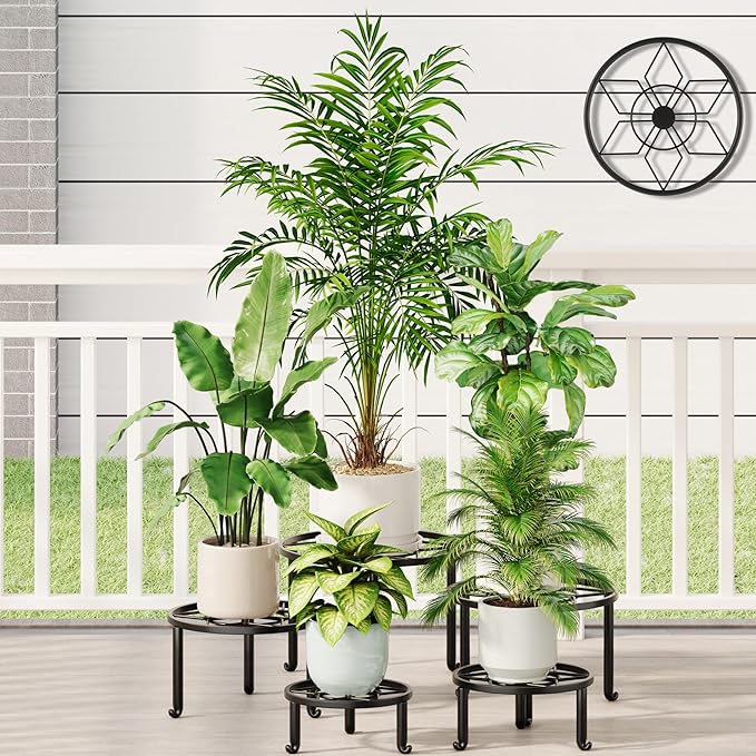 5 Pack Plant Stand Metal Flower Pot Stand Holders Indoor Tall Plant Rack Plant Round Black Plant Shelf For Living Room, Garden, Balcony