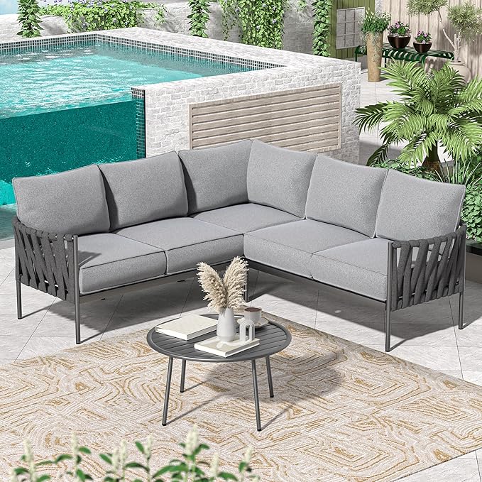 Outdoor Patio Furniture, 6 Pieces Outdoor Sectional L-Shaped Sofa Patio Conversation Sets, Patio Furniture Set with Thick Cushions and Coffee Table for Garden, Poolside, Backyard, Grey