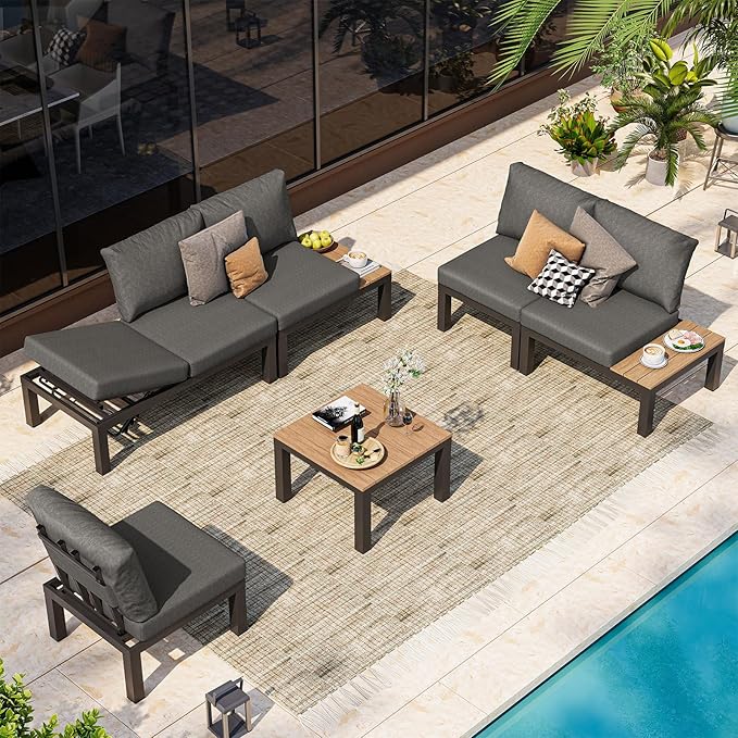 Aluminum Modular Outdoor Patio Furniture Set, 6 Seats Patio Sectional Sofa Set with Adjustable Backrest & Thick Cushions, All-Weather Conversation Sets with Table for Garden & Yard, Graphite