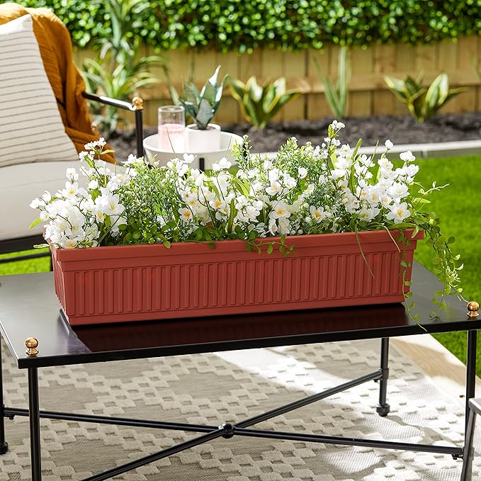 The HC Companies Venetian Windowr Planter Box w/Drain Plug - Long Planter Box for Windowsills, Balconies & More - Plastic Large Rectangular Outdoor Planters for Herbs & Flowers (30" Clay, Pack of 1)