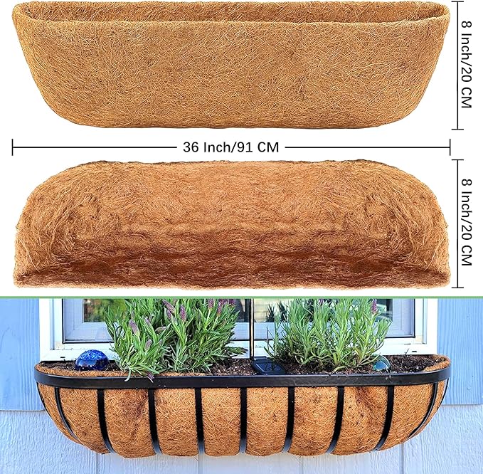 Coco Liners for Planters - 2 Pack 36 Inch Trough Coconut Liners for Planters, Window Box Coco Liners, 100% Natural Coconut Fiber Liners for Wall Hanging Basket, Window Box, Fence Baskets