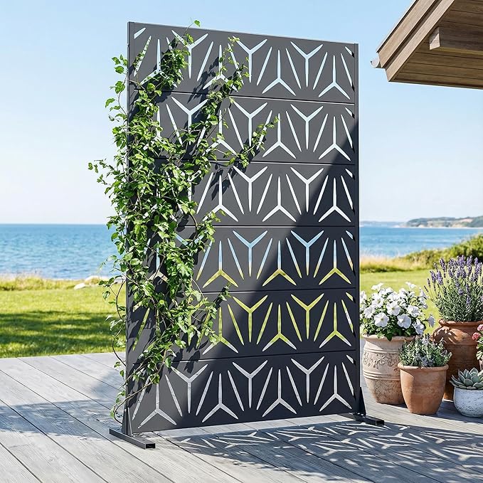 Casaphoria Metal Privacy Screen Outdoor, 72" H x 47" W Freestanding Decorative Privacy Screen for Patio Deck Balcony Garden with Stable Base, Grey-Star