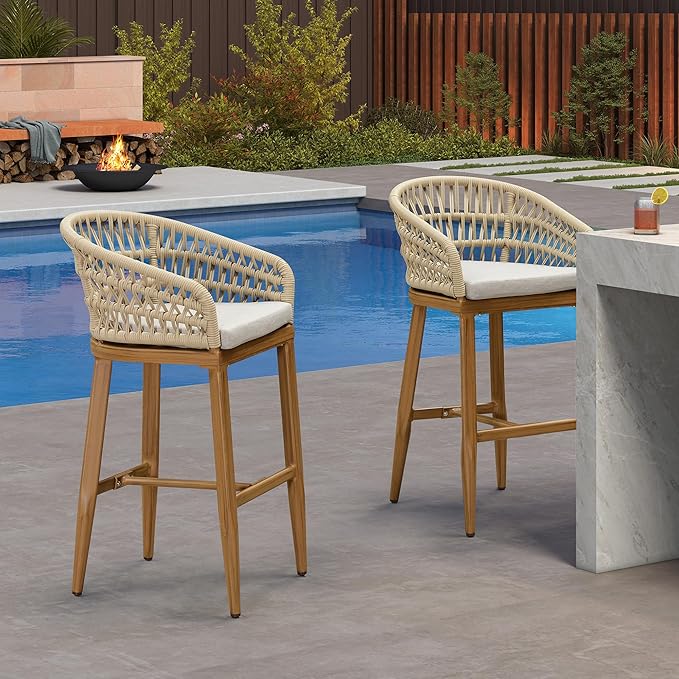 PURPLE LEAF Outdoor Rattan 29" Bar Stools Set of 2, Modern Boho Aluminum Patio Bar Height Chair with Cushion and Back for Outdoor and Indoor, Teak
