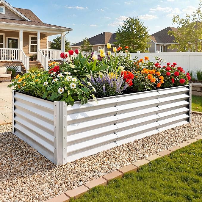 YITAHOME 8x4x3ft Large Raised Garden Bed Kit, Galvanized Metal Planter Box with Gloves, Support Rod & Safety Rubber, Outdoor Above Ground Planters for Plants Vegetables Flowers, Silver