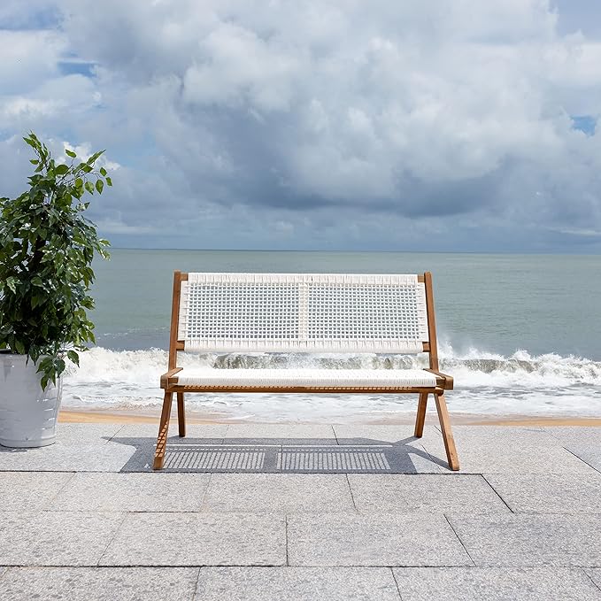 SAFAVIEH Outdoor Collection Kobina Natural Acacia Wood/White Rope Foldable Bench