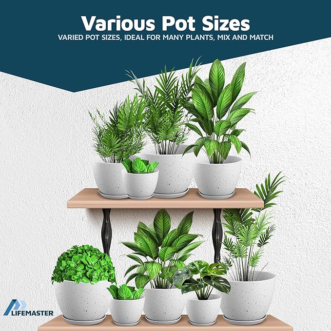 White Gray Plant Pots with Drainage Holes & Saucers 5 Pack, Indoor & Outdoor Stackable Space-Saving Planters for Houseplants & Flowers, (7", 6.7", 6", 5.3", and 4.8" Inches), Durable & Weatherproof