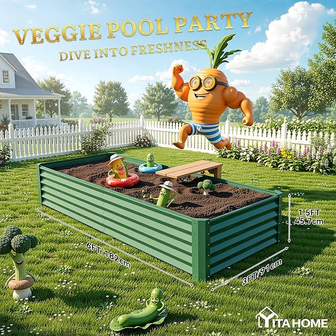 YITAHOME 6x3x1.5 ft Galvanized Raised Garden Bed Kit, Large Metal Planter Box with Gloves & Support Rod, Outdoor Flower Bed for Plants Vegetables, Green