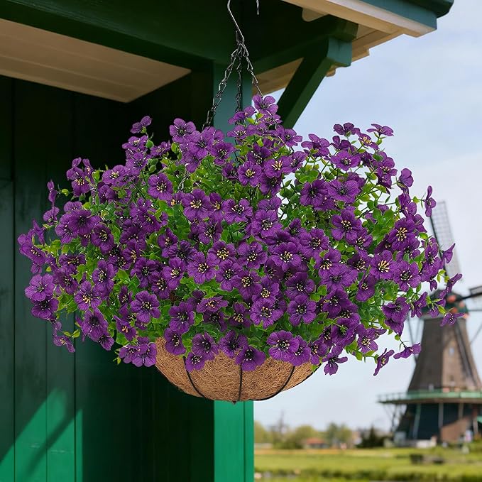 Artificial Faux Hanging Plants Flowers Basket for Outdoors Spring Summer Decoration, Hanging Planters with Fake Silk Flowers UV Resistant Realistic for Outside Porch Patio Balcony Garden Home （Purple）