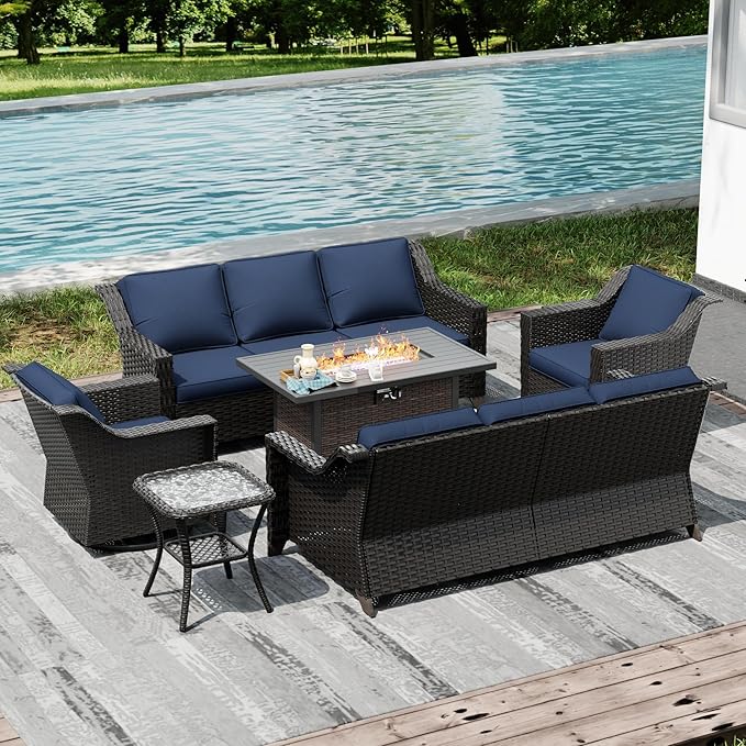Joyside Wicker Patio Furniture Sets, 6 Pieces Upgraded Large Size Outdoor Furniture with Swivel Rocking Patio Chairs, Two 3-Seat Sofa, Fire Table, Coffee Table, Thick Cushions, Wide Armrest, Blue