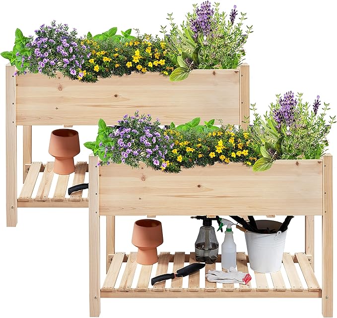 Yaheetech 47x23x32in Wooden Raised Garden Bed with Legs & Storage Shelf Horticulture Wooden Elevated Planter Box Vegetable Growing Bed for Flower/Herb/Backyard/Patio, 2pcs
