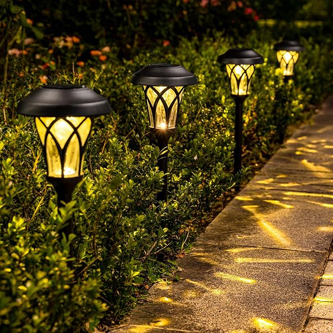 GIGALUMI 6 Pack Solar Pathway Lights Outdoor, Metal Glass & ABS Solar Landscape Lights Waterproof IP65, Warm White Solar Powered Garden Lights for Yard Patio Walkway Driveway (Black)