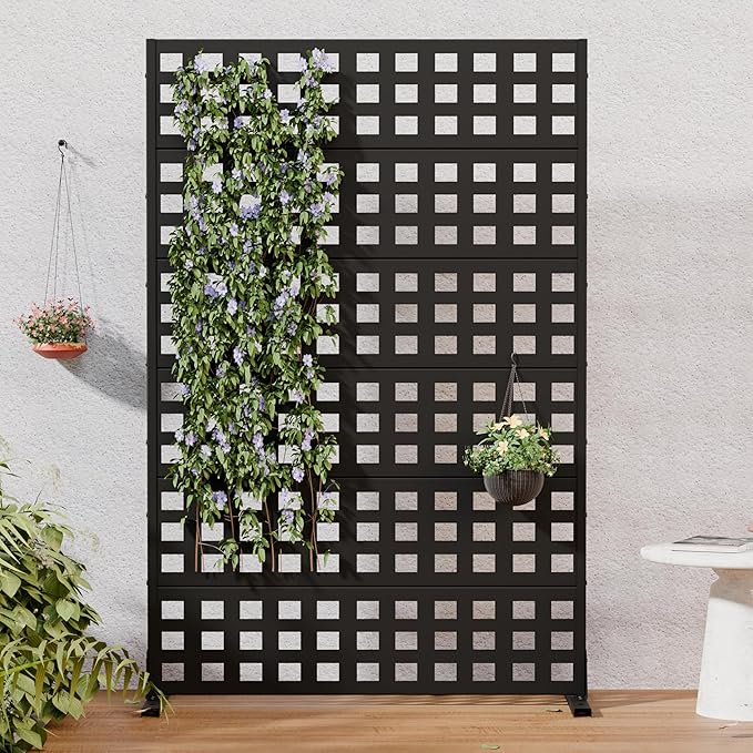 Casaphoria Metal Privacy Screen Outdoor, 72" H x 47" W Freestanding Decorative Privacy Screen for Patio Deck Balcony Garden with Stable Base, Black-Square