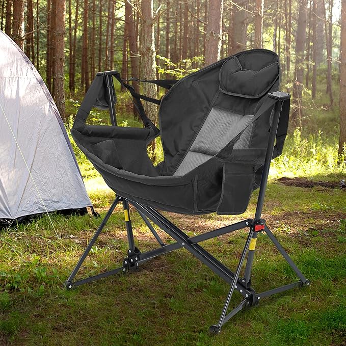 Ainfox Hammock Camping Chair, Foldable Portable Rocking Chairs for Adults Outside Swinging Camp with Cup Holder Pillow for Outdoor Patio Poolside (Black)