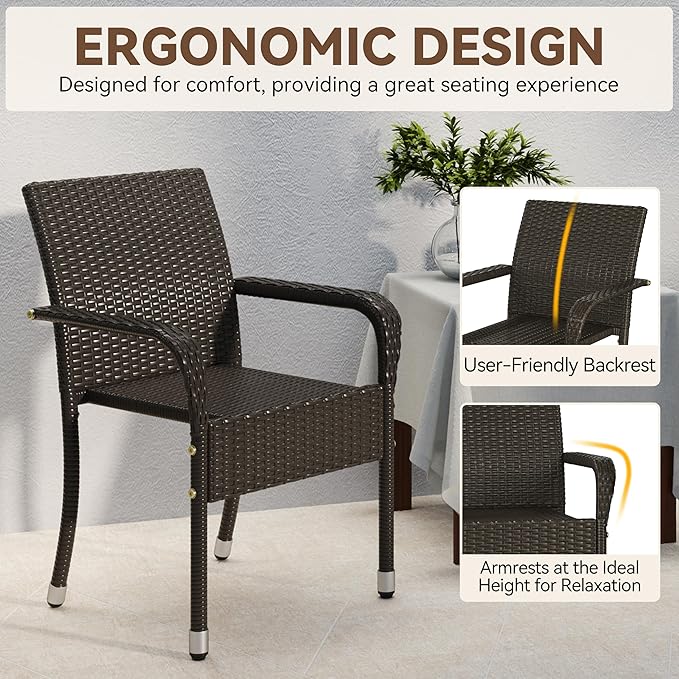Yaheetech Set of 2 Stackable Outdoor Rattan Dining Chairs, All-Weather Armchair w/Armrests, Steel Frame for Garden, Patio, Deck, Yard, Poolside, Brown