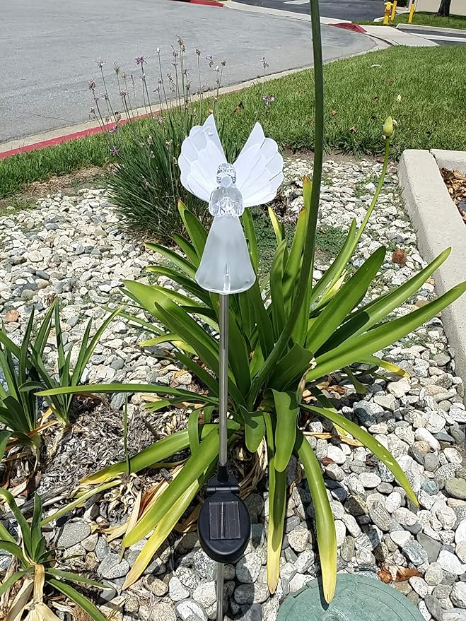 Solar Garden Stake Lights with Color Changing LED or Regular White LED Landscape Path Lights (Set of 2) (Angel with Fiber Optic Wings)