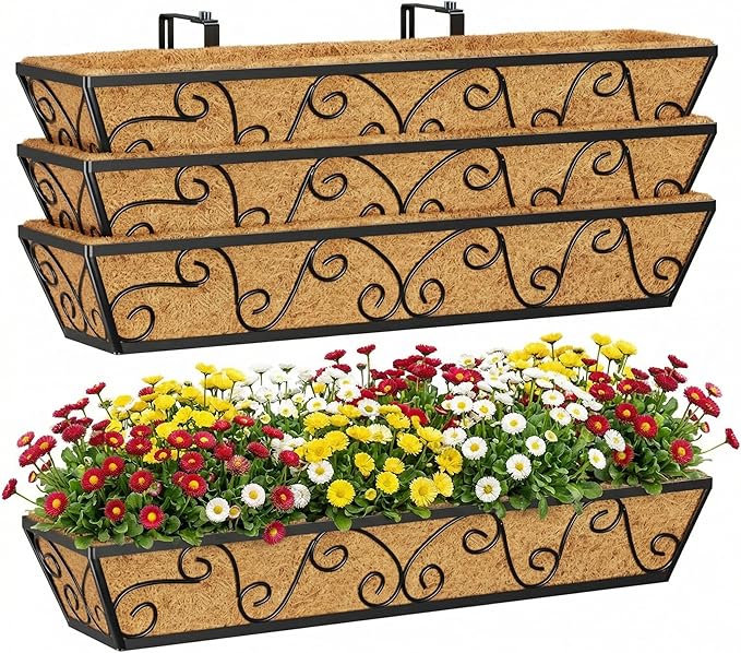 Y&M 30 Inch Window Deck with Coco Liner, Fence Metal Hanging Flower Planter Window Basket Deck Railing Planter Boxes for Outdoor Garden Lawn-Butterfly, 4pcs