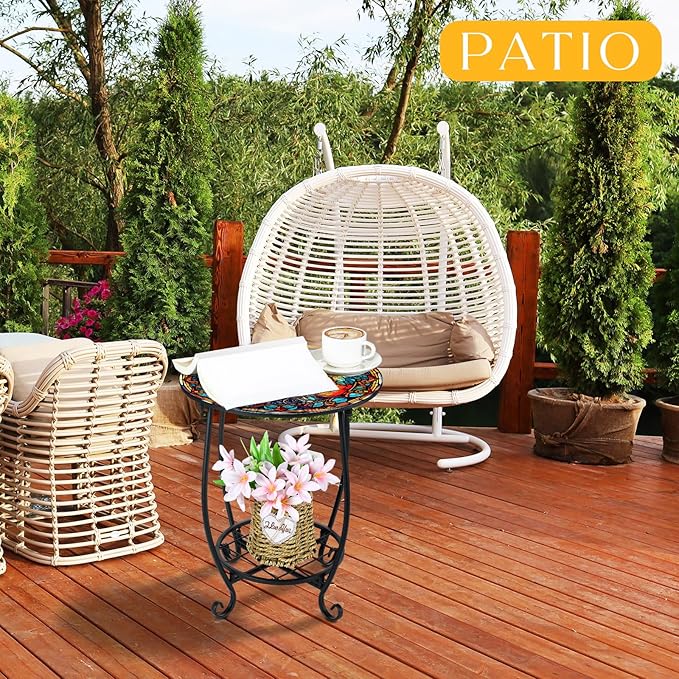 Outdoor Side Table Round Small Mosaic Patio Accent Indoor End Plant Coffee Tea Table for Yard Patio Porch Garden Living Room, Bedroom(Tree Style,14 Inch)