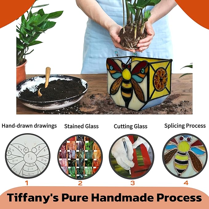 Stained Glass Bee Planter, Plant Pots with Drainage,Cute Flower Pots,Bee Gifts for Women4.6x3x5.15 Inches