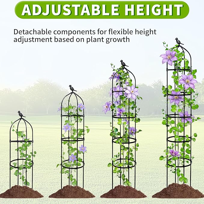 2-Pack 6.7FT Garden Obelisk Trellis for Climbing Plants,Adjustable 5-Tier Metal Plant Support,Rustproof Outdoor Plant Tower with 3 Decorative Tops for Roses,Tomatoes,Clematis & Vines,Black