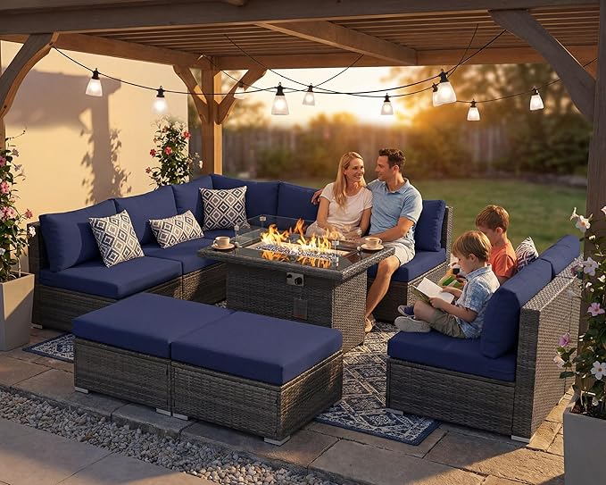 NICESOUL 10 Piece L-Shaped Outdoor Furniture Conversation with Fireplace Natural Gas/Propane, 29.3'' High Back Oversized Rattan Sofa Couch, Wide Deep Seated Patio Sectional, 2 Color Cushion Navy&Grey