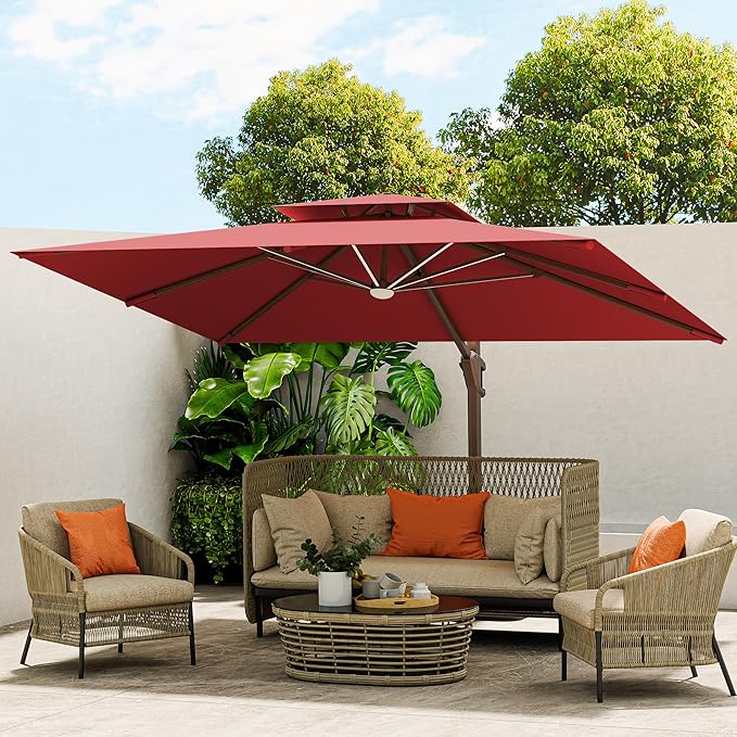 10 X 13 FT Cantilever Outdoor Patio Umbrella with Base Included with Led Lights Large 360° Rotation Double Top Offset Heavy Duty Rectangular Umbrellas for Backyard Outside Deck, Wine Red