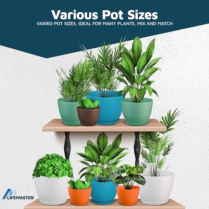 Multicolor Plant Pots with Drainage Holes & Saucers 10 Pack, Indoor & Outdoor Stackable Space-Saving Planters for Houseplants & Flowers, (7", 6.7", 6", 5.3", and 4.8" Inches), Durable & Weatherproof