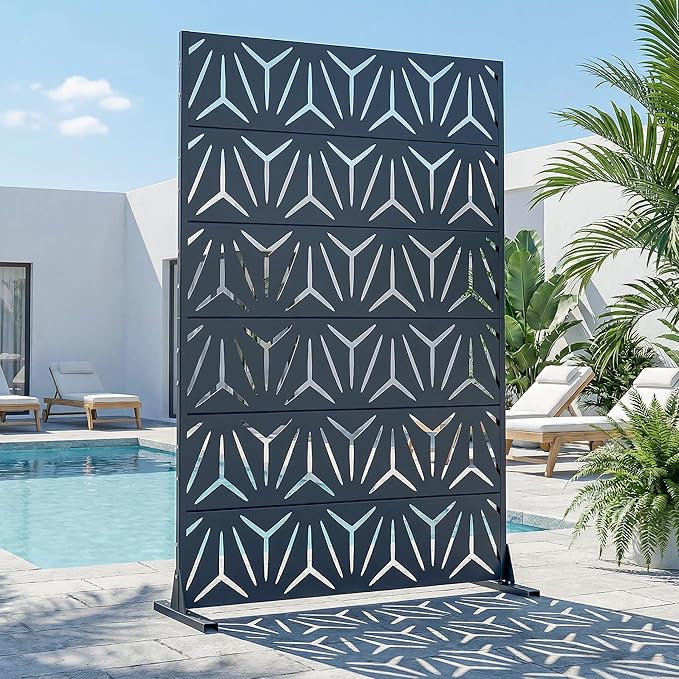 Casaphoria Metal Privacy Screen Outdoor, 72" H x 47" W Freestanding Decorative Privacy Screen for Patio Deck Balcony Garden with Stable Base, Blue-Star
