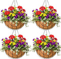 14 inch Metal Hanging Baskets For Plants Outdoor 4 Pack Round Metal Wire Hanging Basket Planter with Coco Fiber Liners Plant Holder for Garden, Patio, Deck, Porch Plants Flower Potss Outdoor(Grid)
