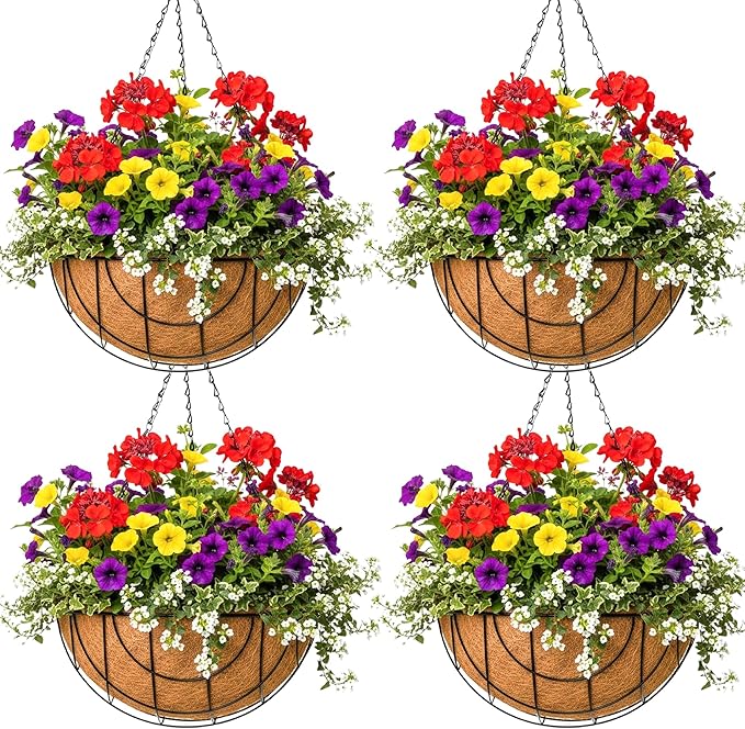 12 inch Metal Hanging Baskets for Plants Outdoor 4 Pack Round Metal Wire Hanging Basket Planter with Coco Fiber Liners Chain Round Wire Plant Holder for Garden, Patio, Deck, Outdoor(Grid)