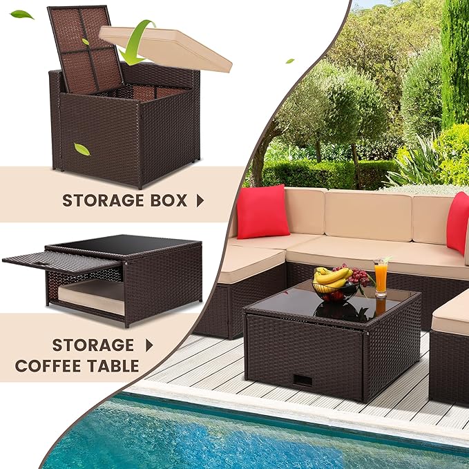 8-Piece Patio Furniture Set, Outdoor Wicker Rattan Sectional with Thick Cushions, Glass Top Table with Hidden Storage, Outdoor Conversation Set for Backyard, Porch, Patio, Beige