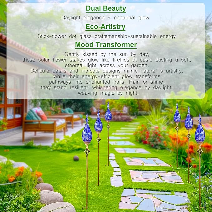 Solar Garden Lights Outdoor, Decorative LED Flame Garden Stakes, Hand Blown Glass and Outdoor Waterproof Glass Stakes (Dark Blue)