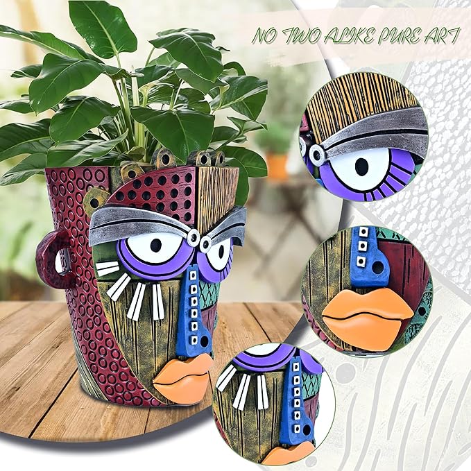 Abstract Face Planter Pots for Plants,Hand-Painted Colorful Flower Pots with Drainage, Indoor Outdoor Garden Decor Gift(Classic,Large)
