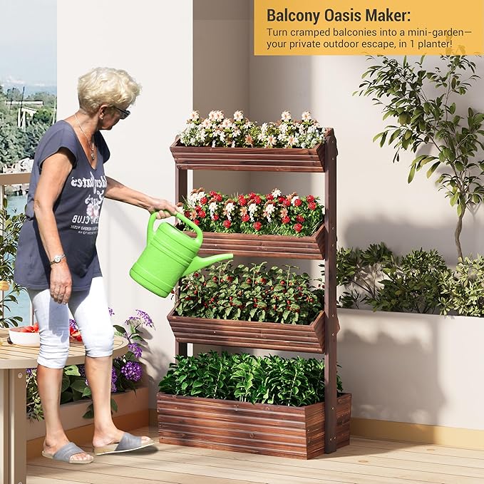 Vertical Wooden Raised Garden Bed Planters Wood Planter Kit Plant Stand Flower Rack Planter Box Gardening Plants Herbs Flowers Vegetables Outdoor Indoor Freestanding (Carbonized 4-Tier)