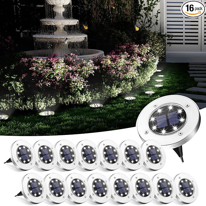SOLPEX Solar Ground Lights, 16 Pack Solar Lights Outdoor Waterproof, 8 LED Solar Powered Landscape Lighting for Garden Yard Patio Pathway Driveway Walkway (Cool White)