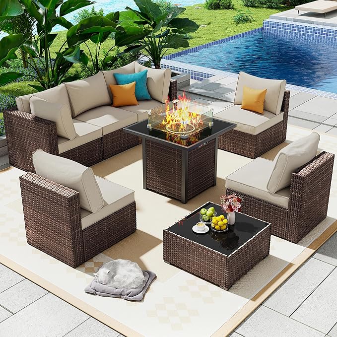 Outdoor Patio Furniture Set with 28'' Fire Pit Table, 8 Pcs Outdoor Patio Furniture Conversation Sets with 4in Thicken Cushion, Wicker Outdoor Sectional for Backyard, Garden, Balcony,Deck, Brown/Beige