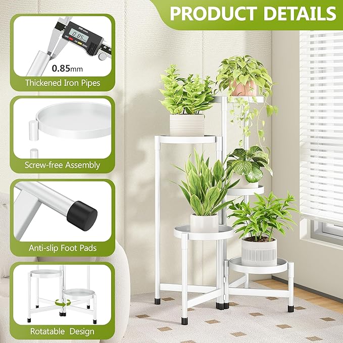 5 Tier Plant Stand Indoor, Tiered Plant Stand Outdoor for Multiple Plants, Corner Plant Shelf for Patio Balcony Porch Garden Living Room House,White