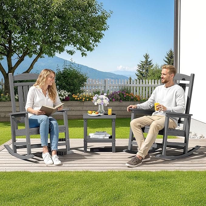 SERWALL Outdoor Rocking Chair Set of 2, HDPE Patio Rocking Chair, All-Weather Porch Rocker for Balcony, Yard, Dark Gray