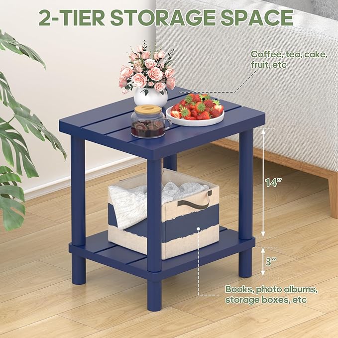 Outdoor Side Table, 2-Tier Small Outdoor Table for Patio, Adirondack Side Tables for Outside or Indoor, Bamboo End Table for Pool, Porch, Weather Resistant Easy Maintenance-Dark Blue